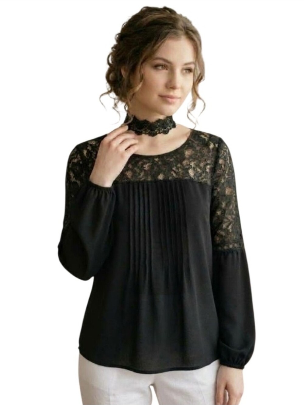 Black Lace Yoke Pleated Women's Top